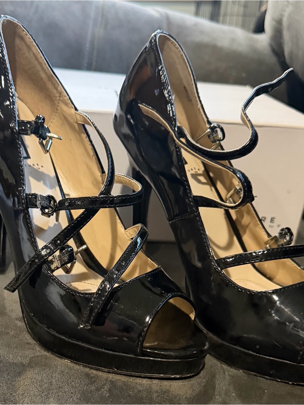 Signature Black Patent Multi-Strap Peep-Toe Platform Heels